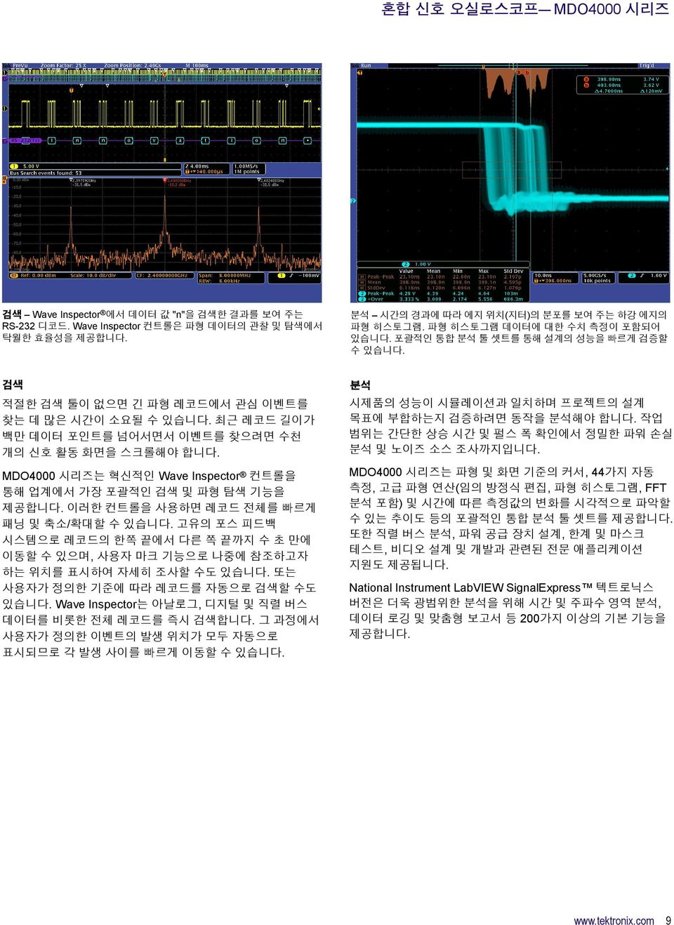 최근 레코드 길이가 백만 데이터 포인트를 넘어서면서 이벤트를 찾으려면 수천 개의 신호 활동 화면을 스크롤해야 합니다. MDO4000 시리즈는 혁신적인 Wave Inspector 컨트롤을 통해 업계에서 가장 포괄적인 검색 및 파형 탐색 기능을 제공합니다. 이러한 컨트롤을 사용하면 레코드 전체를 빠르게 패닝 및 축소/확대할 수 있습니다.