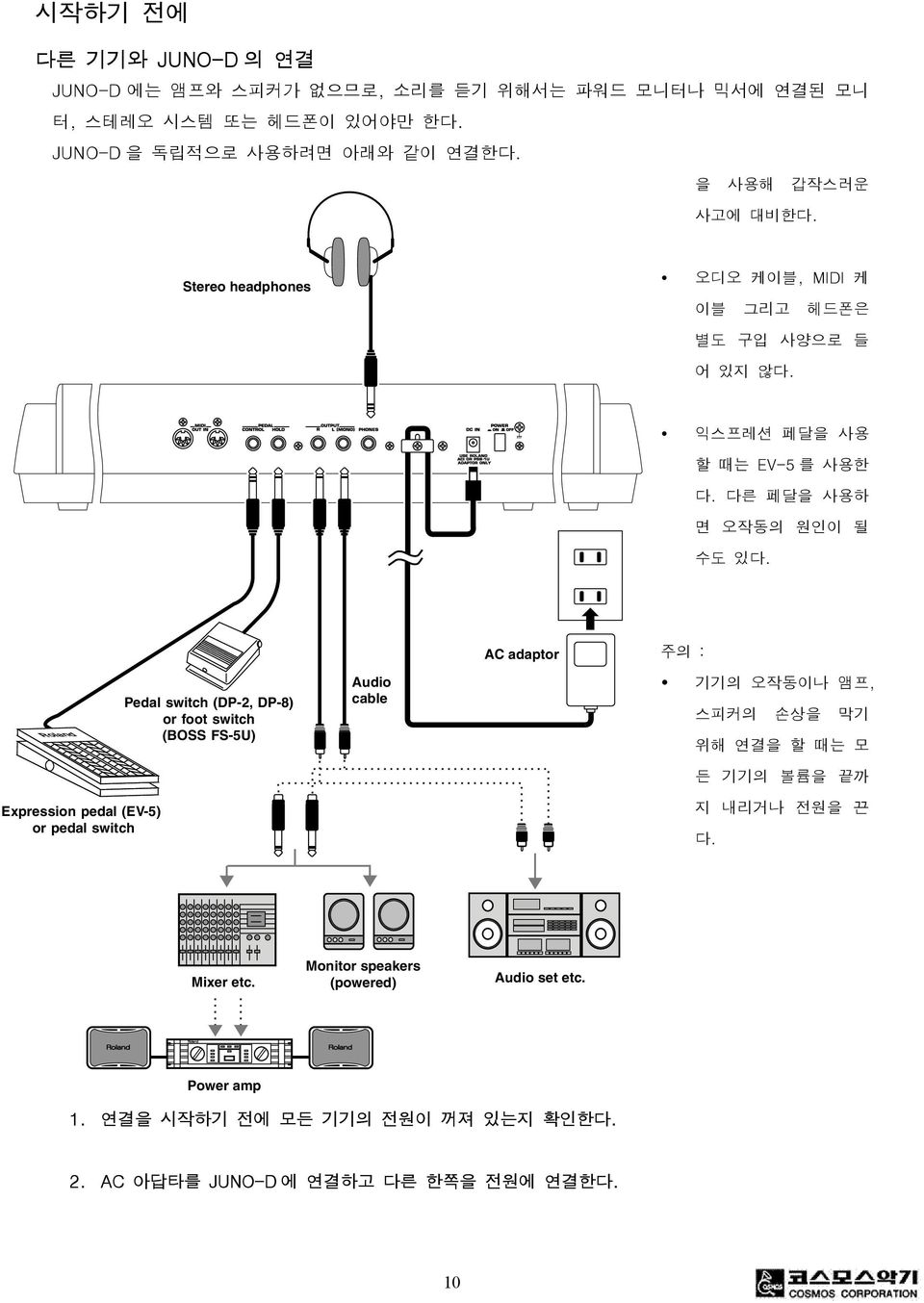 AC adaptor 주의 : Roland Pedal switch (DP-2, DP-8) or foot switch (BSS FS-5U) Audio cable 기기의 오작동이나 앰프, 스피커의 손상을 막기 위해 연결을 할 때는 모 든 기기의 볼륨을 끝까 Expression pedal (EV-5) or
