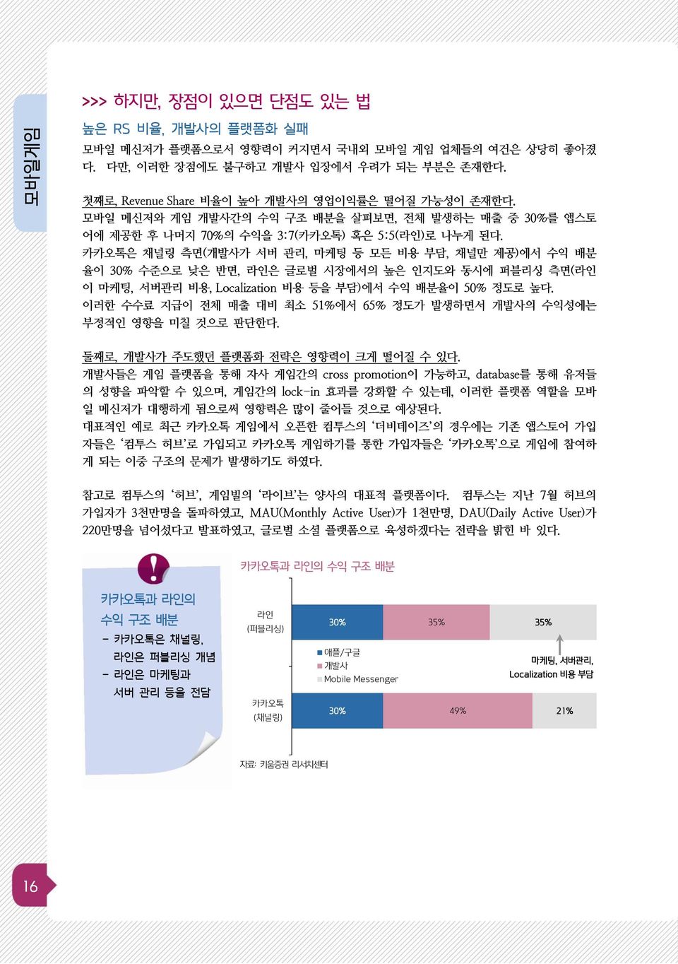 카카오톡은 채널링 측면(개발사가 서버 관리, 마케팅 등 모든 비용 부담, 채널만 제공)에서 수익 배분 율이 3% 수준으로 낮은 반면, 라인은 글로벌 시장에서의 높은 인지도와 동시에 퍼블리싱 측면(라인 이 마케팅, 서버관리 비용, Localization 비용 등을 부담)에서 수익 배분율이 5% 정도로 높다.