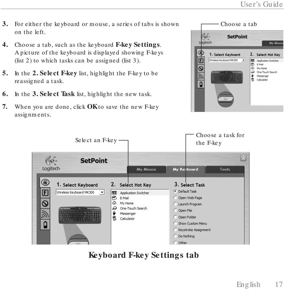A picture of the keyboard is displayed showing F-keys (list 2) to which tasks can be assigned (list 3). 5. In the 2.