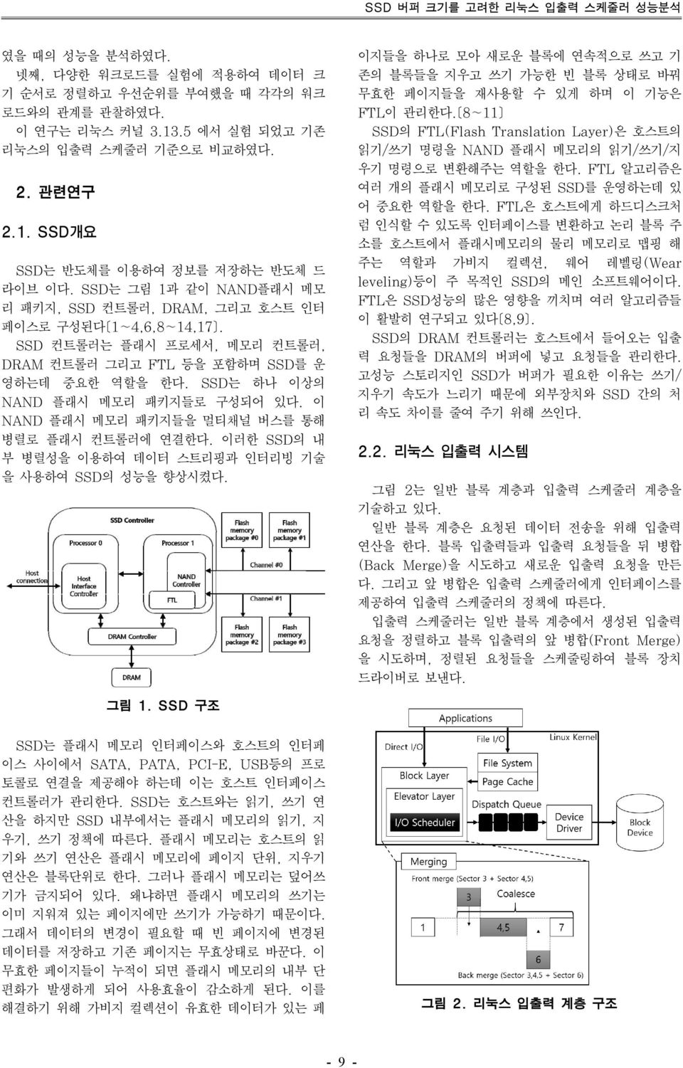 SSD는 하나 이상의 NAND 플래시 메모리 패키지들로 구성되어 있다. 이 NAND 플래시 메모리 패키지들을 멀티채널 버스를 통해 병렬로 플래시 컨트롤러에 연결한다. 이러한 SSD의 내 부 병렬성을 이용하여 데이터 스트리핑과 인터리빙 기술 을 사용하여 SSD의 성능을 향상시켰다.