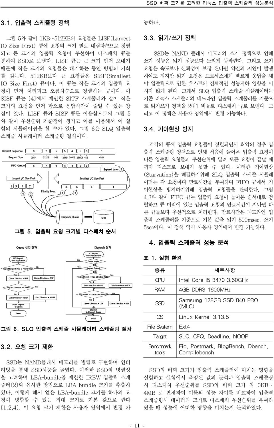 이 SISF 큐는 [4]에서 제안한 SITF 스케줄러와 같이 작은 크기의 요청을 먼저 함으로 응답시간이 줄일 수 있는 장 점이 있다. LISF 큐와 SISF 큐를 이용함으로써 그림 5 와 같이 우선순위 기준점이 생기고 이를 이용해서 이 실 험의 시뮬레이션을 할 수가 있다. 그림 6은 SLQ 입출력 스케줄 시뮬레이터 스케줄링 절차이다. 그림 5. 입출력 요청 크기별 디스패치 순서 능하다.