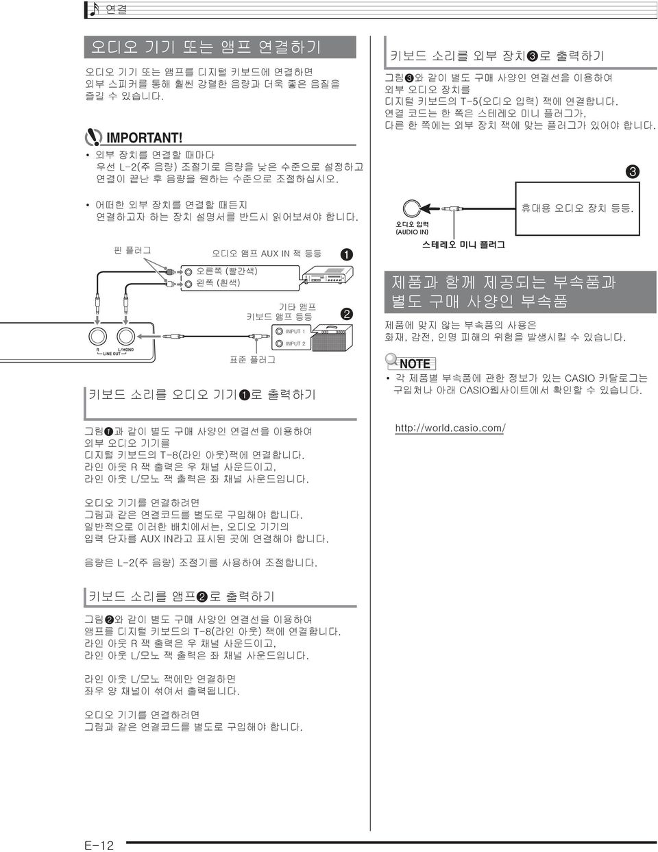 오디오 입력 휴대용 오디오 장치 등등. 핀 플러그 오디오 앰프 AUX IN 잭 등등 오른쪽 (빨간색) 왼쪽 (흰색) 기타 앰프 키보드 앰프 등등 표준 플러그 INPUT 1 INPUT 2 스테레오 미니 플러그 제품과 함께 제공되는 부속품과 별도 구매 사양인 부속품 제품에 맞지 않는 부속품의 사용은 화재, 감전, 인명 피해의 위험을 발생시킬 수 있습니다.