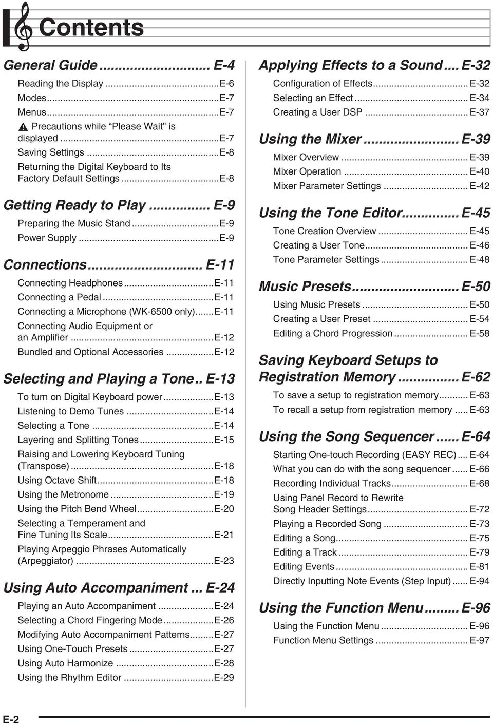 ..E-11 Connecting a Pedal...E-11 Connecting a Microphone (WK-6500 only)...e-11 Connecting Audio Equipment or an Amplifier...E-12 Bundled and ptional Accessories...E-12 Selecting and Playing a Tone.