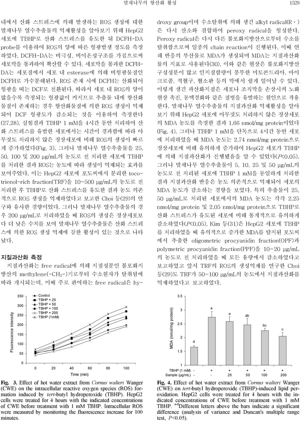 따라서 세포 내 ROS의 양이 많을수록 측정되는 형광값이 커지므로 추출물 내에 항산화 물질이 존재하는 경우 항산화물질에 의한 ROS 생성이 억제 되어 DCF 형광도가 감소되는 것을 이용하여 측정한다 (27,28).