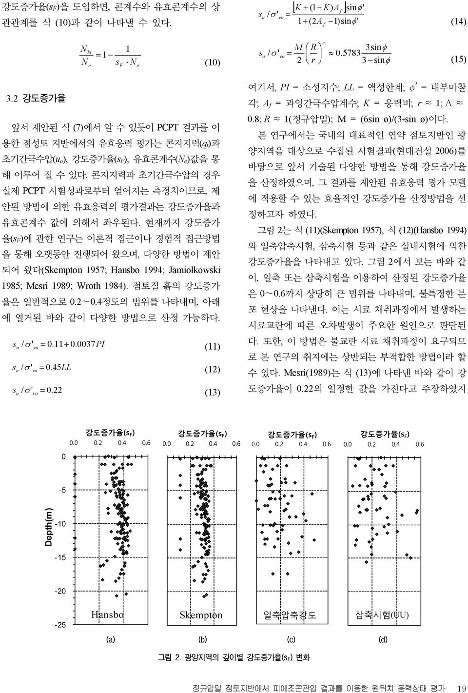 콘지지력과 초기간극수압의 경우 실제 PCPT 시험성과로부터 얻어지는 측정치이므로, 제 안된 방법에 의한 유효응력의 평가결과는 강도증가율과 유효콘계수 값에 의해서 좌우된다.