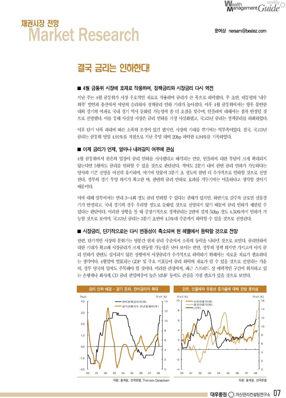 결국, 국고3년 금리는 금통위 당일 4.91%를 저점으로 지난 주말 대비 20bp 하락한 4.94%를 기록하였다. 이제 금리가 언제, 얼마나 내려갈지 여부에 관심 4월 금통위에서 한은의 입장이 금리 인하를 시사했다고 해석되는 만큼, 인플레에 대한 부담이 크게 확대되지 않는다면 5월에도 금리를 인하할 수 있을 것으로 판단된다.