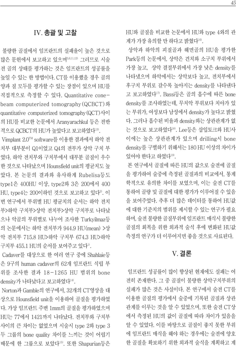 0 TM software를 이용한 결과에서 하악 전 치부 대부분이 Q이었고 Q의 전부가 상악 구치 부 였다. 하악 전치부와 구치부에서 대부분 골질이 우수 한 것으로 나타났으며 Hounsfield unit의 평균치도 높 았다.