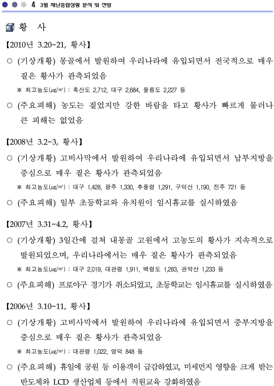 2~3, 황사 (기상개황) 고비사막에서 발원하여 우리나라에 유입되면서 남부지방을 중심으로 매우 짙은 황사가 관측되었음 최고농도(μg/m3) : 대구 1,428, 광주 1,330, 추풍령 1,291, 구덕산 1,190, 진주 721 등 (주요피해) 일부 초등학교와 유치원이 임시휴교를 실시하였음 2007년 3.31~4.