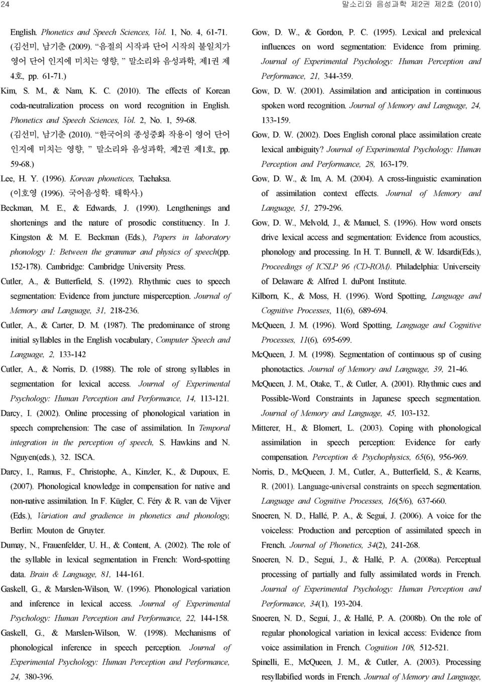 한국어의 종성중화 작용이 영어 단어 인지에 미치는 영향, 말소리와 음성과학, 제2권 제1호, pp. 59-68.) Lee, H. Y. (1996). Korean phonetices, Taehaksa. (이호영 (1996). 국어음성학. 태학사.) Beckman, M. E., & Edwards, J. (1990).