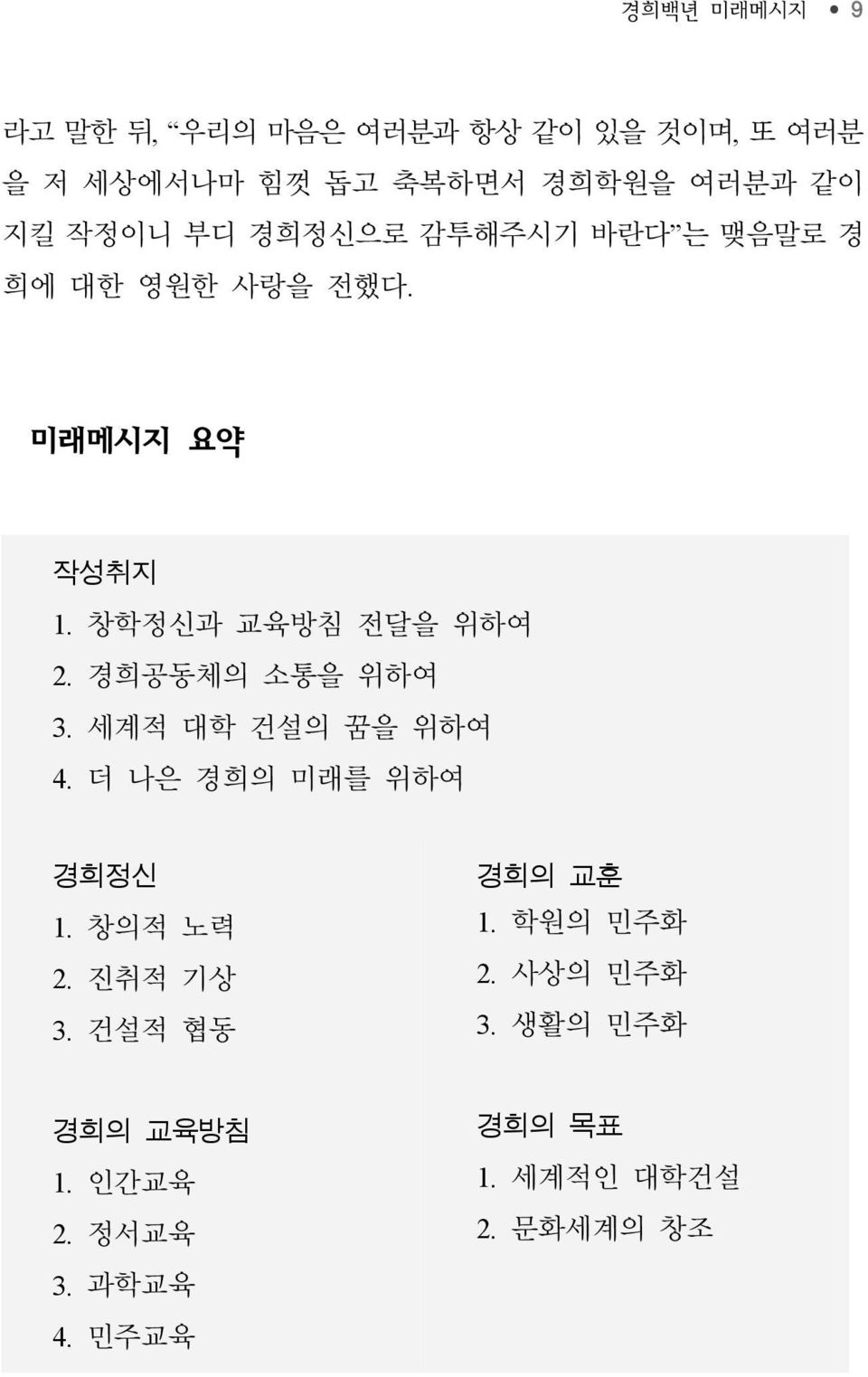 경희공동체의 소통을 위하여 3. 세계적 대학 건설의 꿈을 위하여 4. 더 나은 경희의 미래를 위하여 경희정신 1. 창의적 노력 2. 진취적 기상 3.