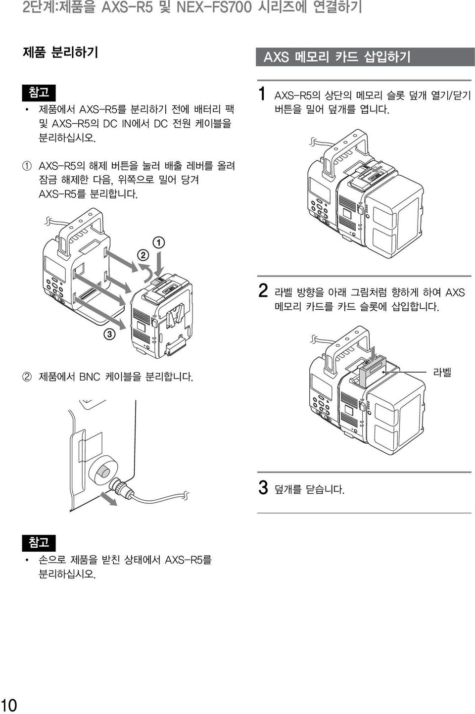 1 AXSR5의 해제 버튼을 눌러 배출 레버를 올려 잠금 해제한 다음, 위쪽으로 밀어 당겨 AXSR5를 분리합니다.