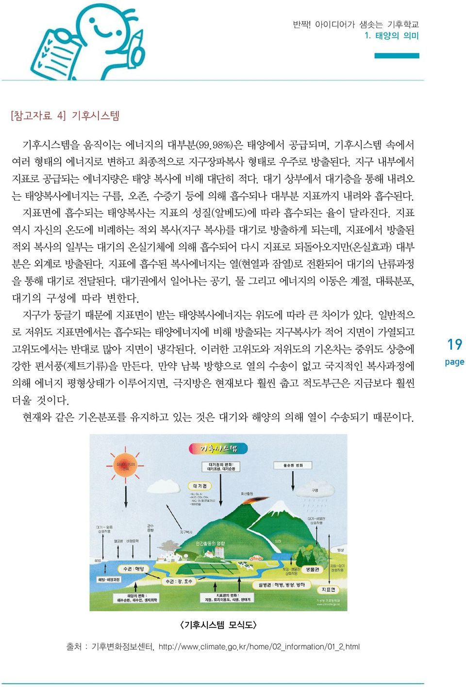 지표 역시 자신의 온도에 비례하는 적외 복사(지구 복사)를 대기로 방출하게 되는데, 지표에서 방출된 적외 복사의 일부는 대기의 온실기체에 의해 흡수되어 다시 지표로 되돌아오지만(온실효과) 대부 분은 외계로 방출된다. 지표에 흡수된 복사에너지는 열(현열과 잠열)로 전환되어 대기의 난류과정 을 통해 대기로 전달된다.