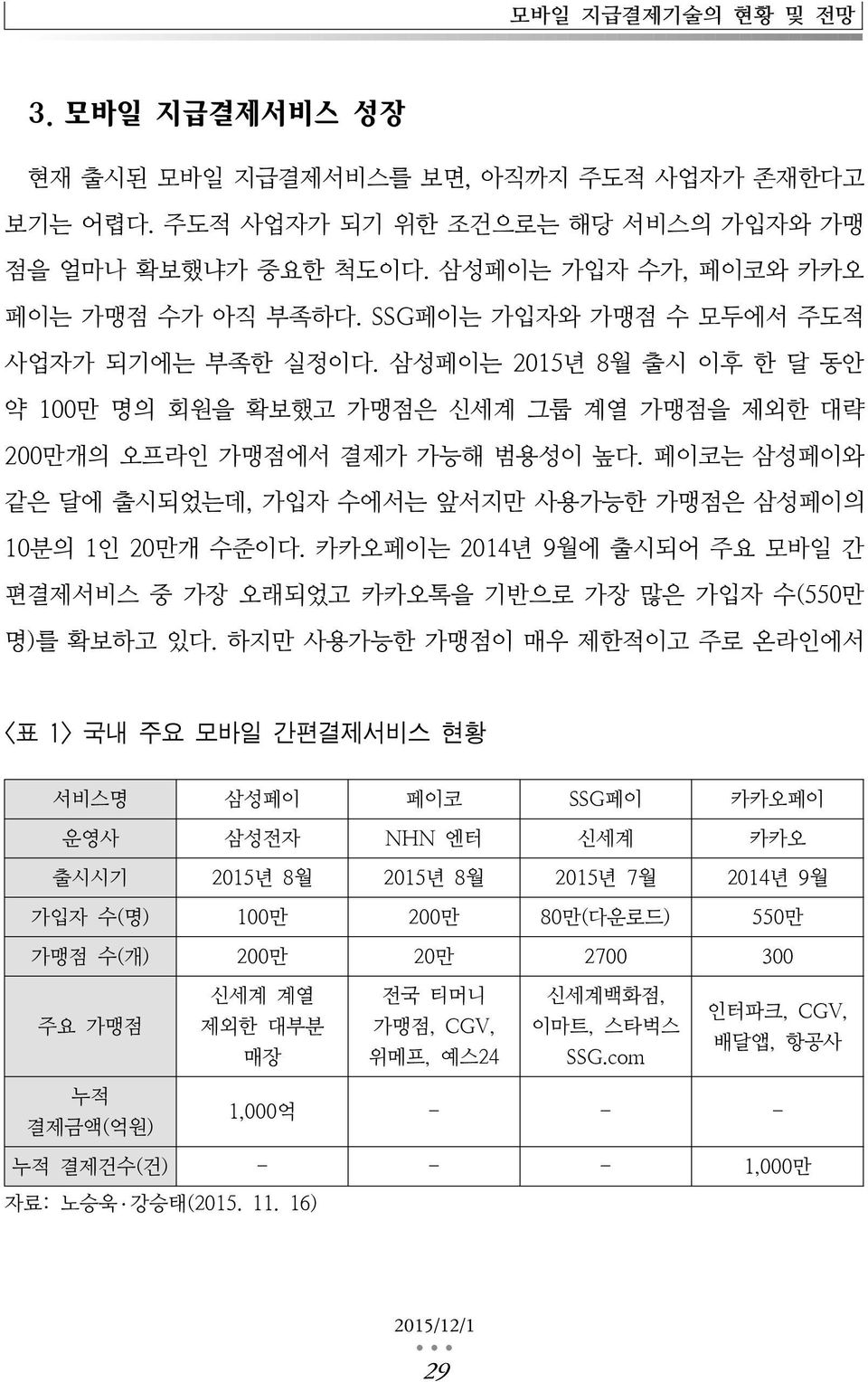 페이코는 삼성페이와 같은 달에 출시되었는데, 가입자 수에서는 앞서지만 사용가능한 가맹점은 삼성페이의 10분의 1인 20만개 수준이다. 카카오페이는 2014년 9월에 출시되어 주요 모바일 간 편결제서비스 중 가장 오래되었고 카카오톡을 기반으로 가장 많은 가입자 수(550만 명)를 확보하고 있다.