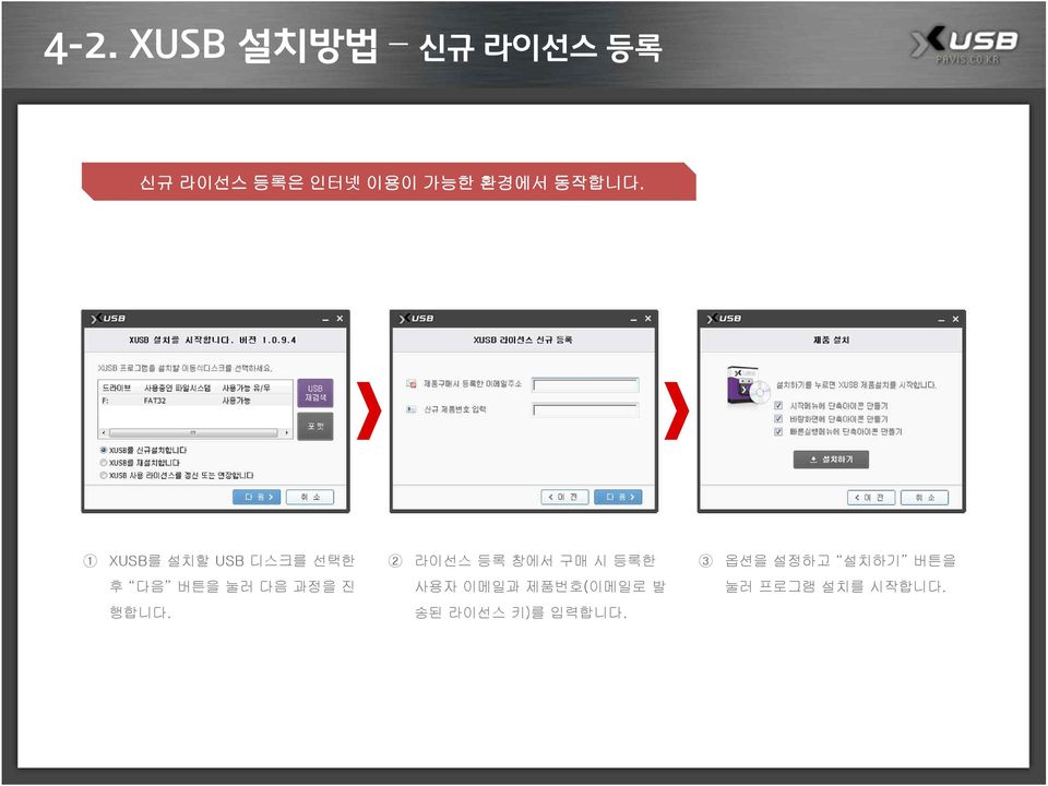 XUSB를 설치할 USB 디스크를 선택한 라이선스 등록 창에서 구매 시 등록한 3 옵션을