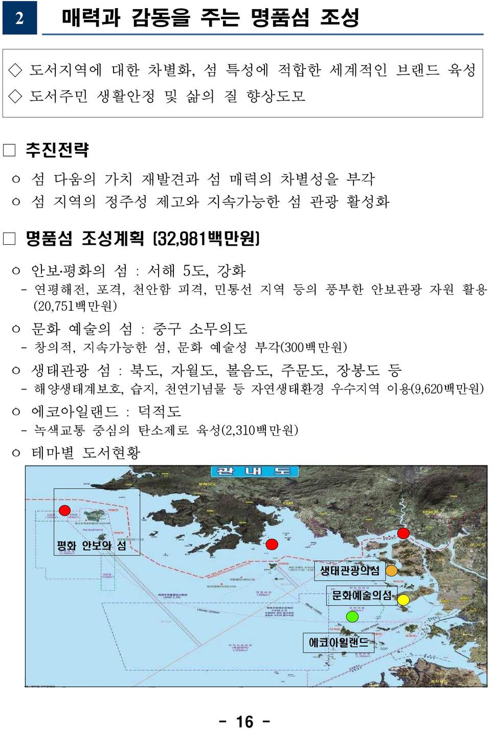 (20,751백만원) ㅇ 문화 예술의 섬 : 중구 소무의도 - 창의적, 지속가능한 섬, 문화 예술성 부각(300백만원) ㅇ 생태관광 섬 : 북도, 자월도, 볼음도, 주문도, 장봉도 등 - 해양생태계보호, 습지,