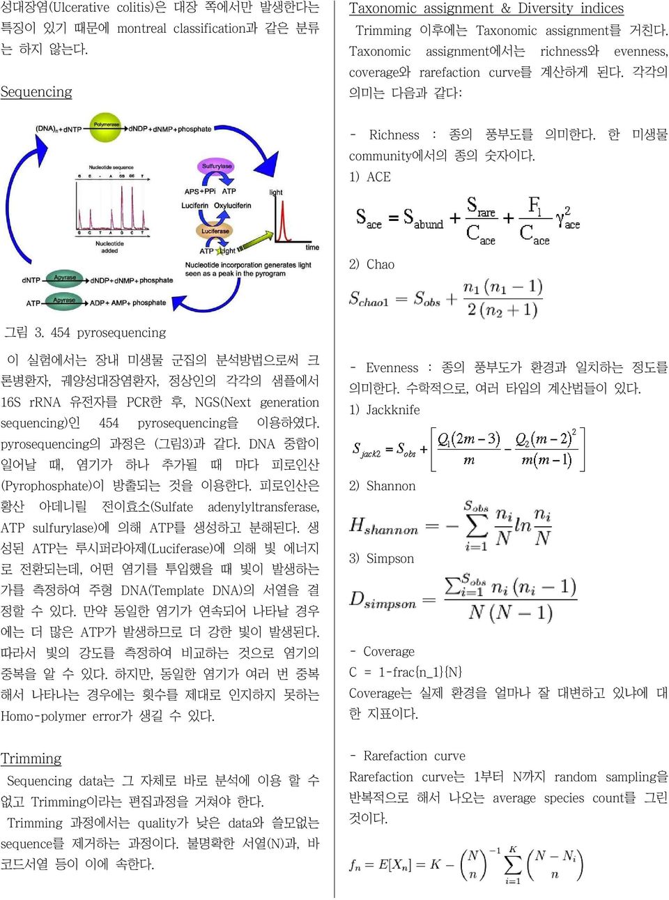 454 pyrosequencing 이 실험에서는 장내 미생물 군집의 분석방법으로써 크 론병환자, 궤양성대장염환자, 정상인의 각각의 샘플에서 16S rrna 유전자를 PCR한 후, NGS(Next generation sequencing)인 454 pyrosequencing을 이용하였다. pyrosequencing의 과정은 (그림3)과 같다.