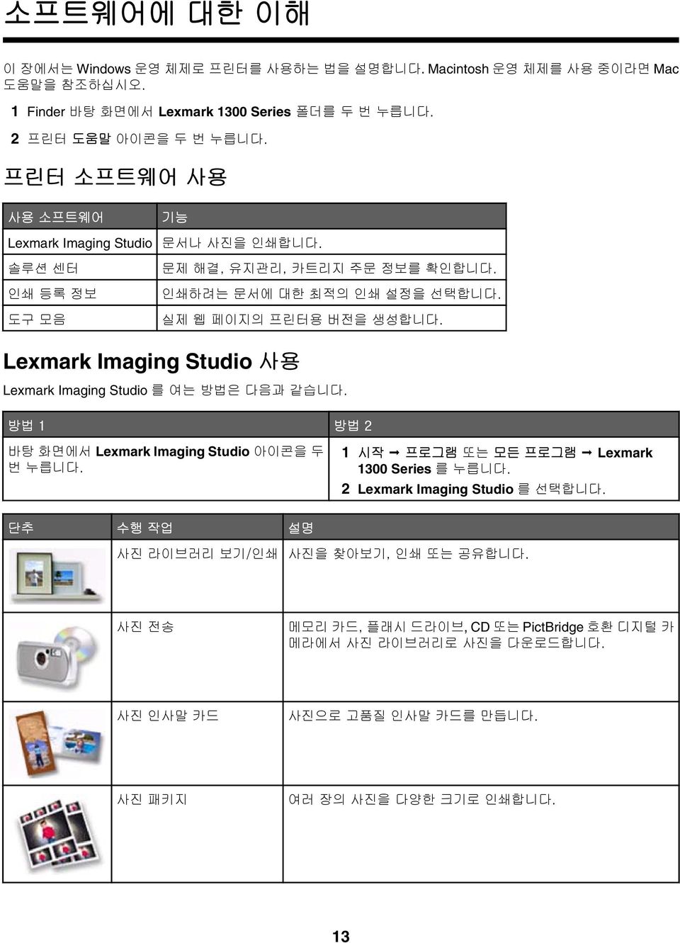 실제 웹 페이지의 프린터용 버전을 생성합니다. Lexmark Imaging Studio 를 여는 방법은 다음과 같습니다. 방법 1 방법 2 바탕 화면에서 Lexmark Imaging Studio 아이콘을 두 번 누릅니다. 1 시작 프로그램 또는 모든 프로그램 Lexmark 1300 Series 를 누릅니다.