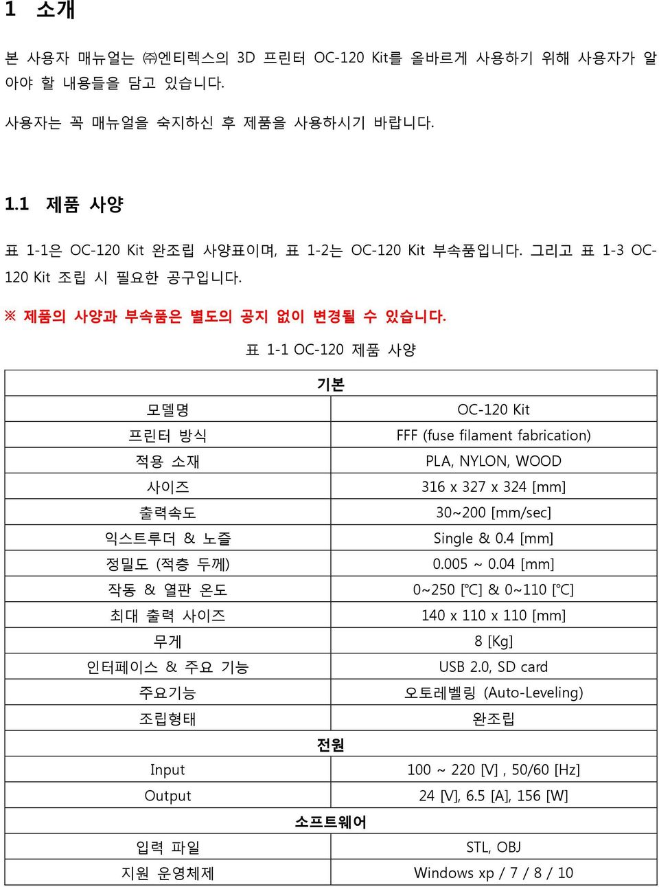 표 1-1 OC-120 제품 사양 기본 모델명 OC-120 Kit 프린터 방식 FFF (fuse filament fabrication) 적용 소재 PLA, NYLON, WOOD 사이즈 316 x 327 x 324 [mm] 출력속도 30~200 [mm/sec] 익스트루더 & 노즐 Single & 0.