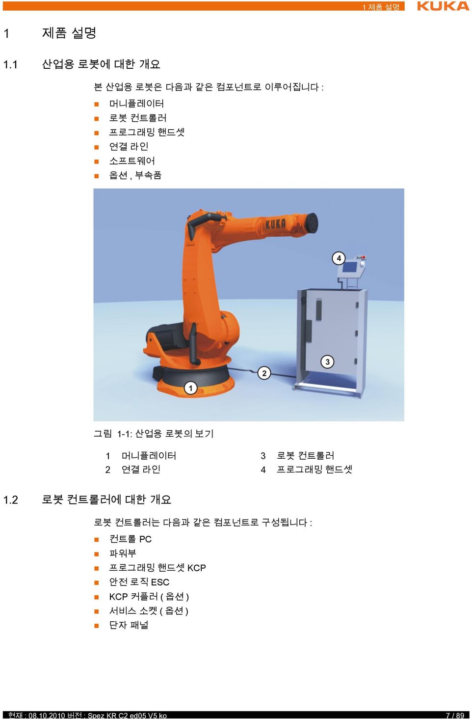 옵션, 부속품 그림 1-1: 산업용 로봇의 보기 1 머니퓰레이터 3 로봇 컨트롤러 2 연결 라인 4 프로그래밍 핸드셋 1.