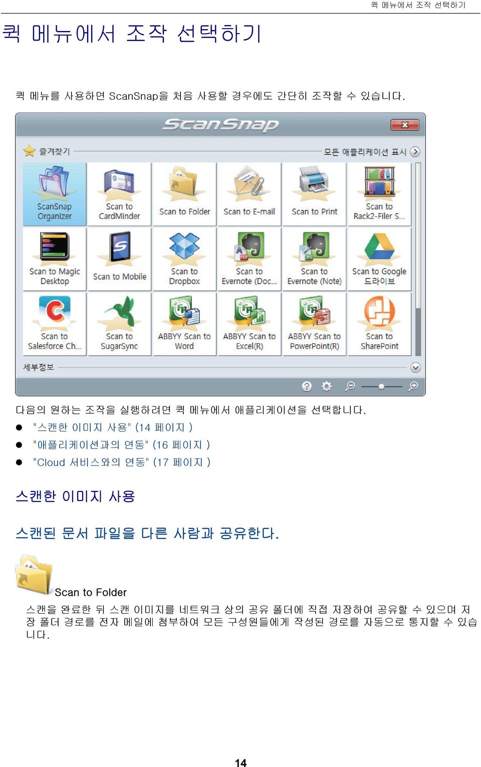 "스캔한 이미지 사용" (14 페이지 ) "애플리케이션과의 연동" (16 페이지 ) "Cloud 서비스와의 연동" (17 페이지 ) 스캔한 이미지 사용 스캔된