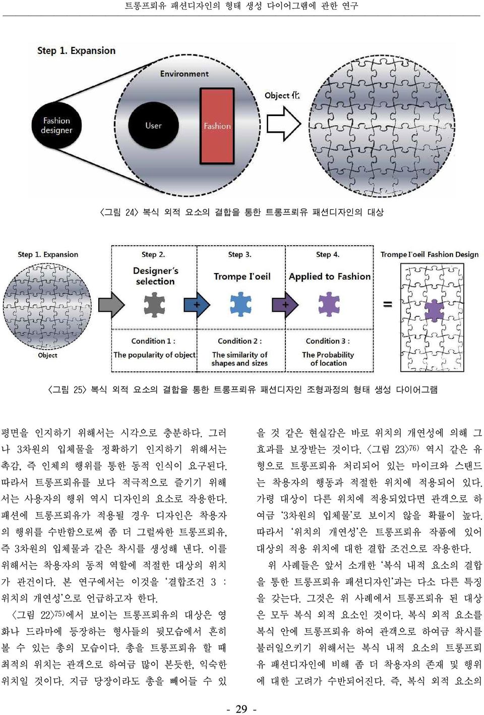 이를 위해서는 착용자의 동적 역할에 적절한 대상의 위치 가 관건이다. 본 연구에서는 이것을 결합조건 3 : 위치의 개연성 으로 언급하고자 한다. <그림 22> 75) 에서 보이는 트롱프뢰유의 대상은 영 화나 드라마에 등장하는 형사들의 뒷모습에서 흔히 볼 수 있는 총의 모습이다.