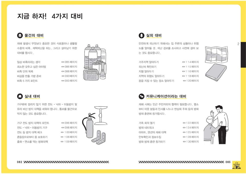 있는 장소 알아두기 10페이지 실내 대비 가구류에 깔리지 않기 위한 전도 낙하 이동방지 및 유리 비산 방지 대책을 세워야 합니다. 통로를 물건으로 막지 않는 것도 중요합니다. 커뮤니케이션이라는 대비 재해 시에는 인근 주민끼리의 협력이 필요합니다. 평소 부터 이웃 분들과 인사를 나누고 반상회 주최 등의 방화 방재 훈련에 참가합시다.