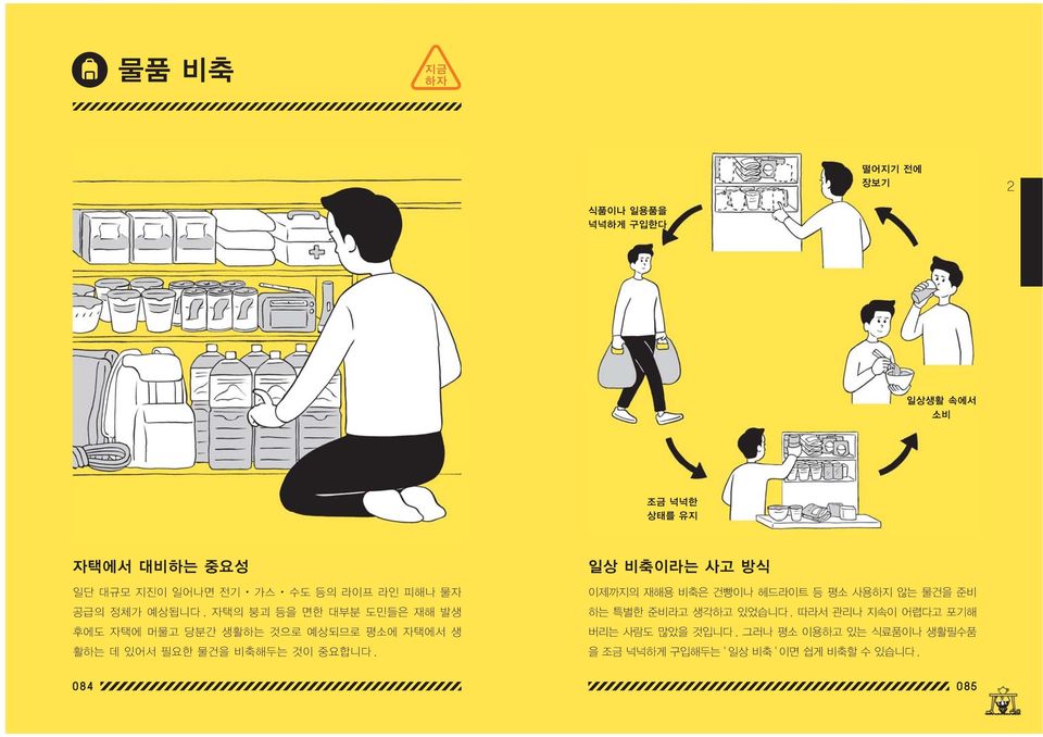 자택의 붕괴 등을 면한 대부분 도민들은 재해 발생 후에도 자택에 머물고 당분간 생활하는 것으로 예상되므로 평소에 자택에서 생 활하는 데 있어서 필요한 물건을 비축해두는 것이 중요합니다.