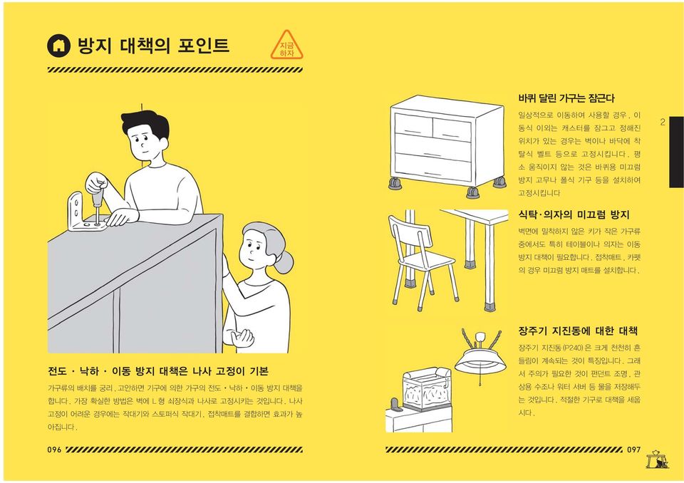 접착매트, 카펫 의 경우 미끄럼 방지 매트를 설치합니다. 장주기 지진동에 대한 대책 전도 낙하 이동 방지 대책은 나사 고정이 기본 가구류의 배치를 궁리, 고안하면 기구에 의한 가구의 전도 낙하 이동 방지 대책을 합니다.