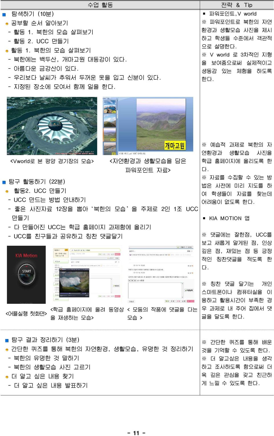 UCC 만들기 - UCC 만드는 방법 안내하기 - 좋은 사진자료 12장을 뽑아 북한의 모습 을 주제로 2인 1조 UCC 만들기 - 다 만들어진 UCC는 학급 홈페이지 과제함에 올리기 - UCC를 친구들과 공유하고 칭찬 댓글달기 예습적 과제로 북한의 자 연환경과 생활모습 사진을 학급 홈페이지에 올리도록 한 다.