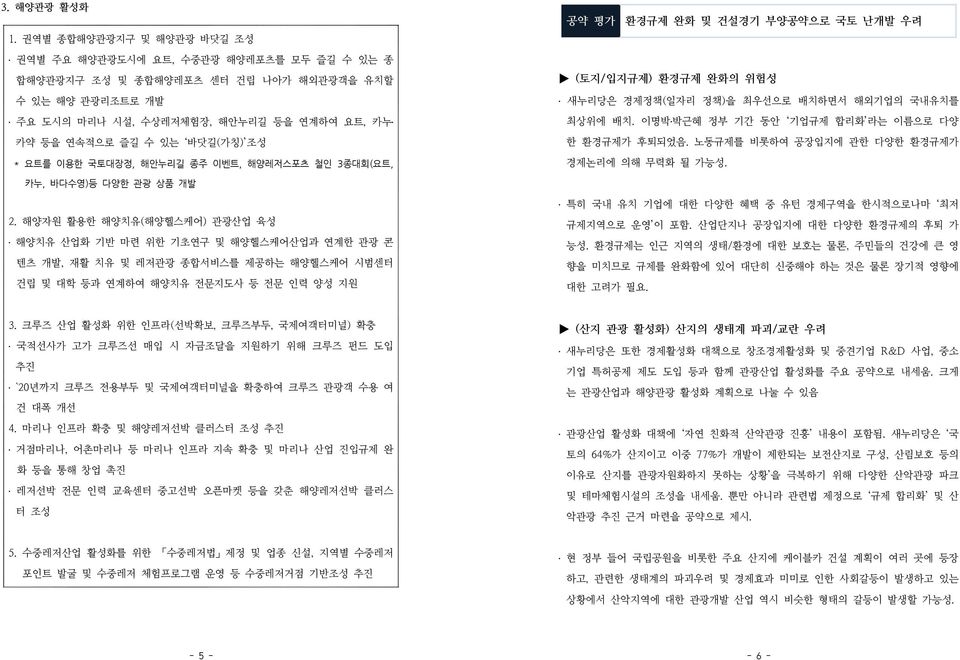 등을 연계하여 요트, 카누 카약 등을 연속적으로 즐길 수 있는 바닷길(가칭) 조성 * 요트를 이용한 국토대장정, 해안누리길 종주 이벤트, 해양레저스포츠 철인 3종대회(요트, (토지/입지규제) 환경규제 완화의 위험성 새누리당은 경제정책(일자리 정책)을 최우선으로 배치하면서 해외기업의 국내유치를 최상위에 배치.