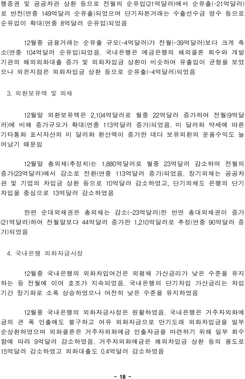 미 달러화 약세에 따른 기타통화 표시자산의 미 달러화 환산액이 증가한 데다 보유외환의 운용수익도 늘 어났기 때문임 12월말 총외채(추정치)는 1,880억달러로 월중 23억달러 감소하여 전월의 증가(23억달러)에서 감소로 전환(연중 113억달러 증가)되었음.