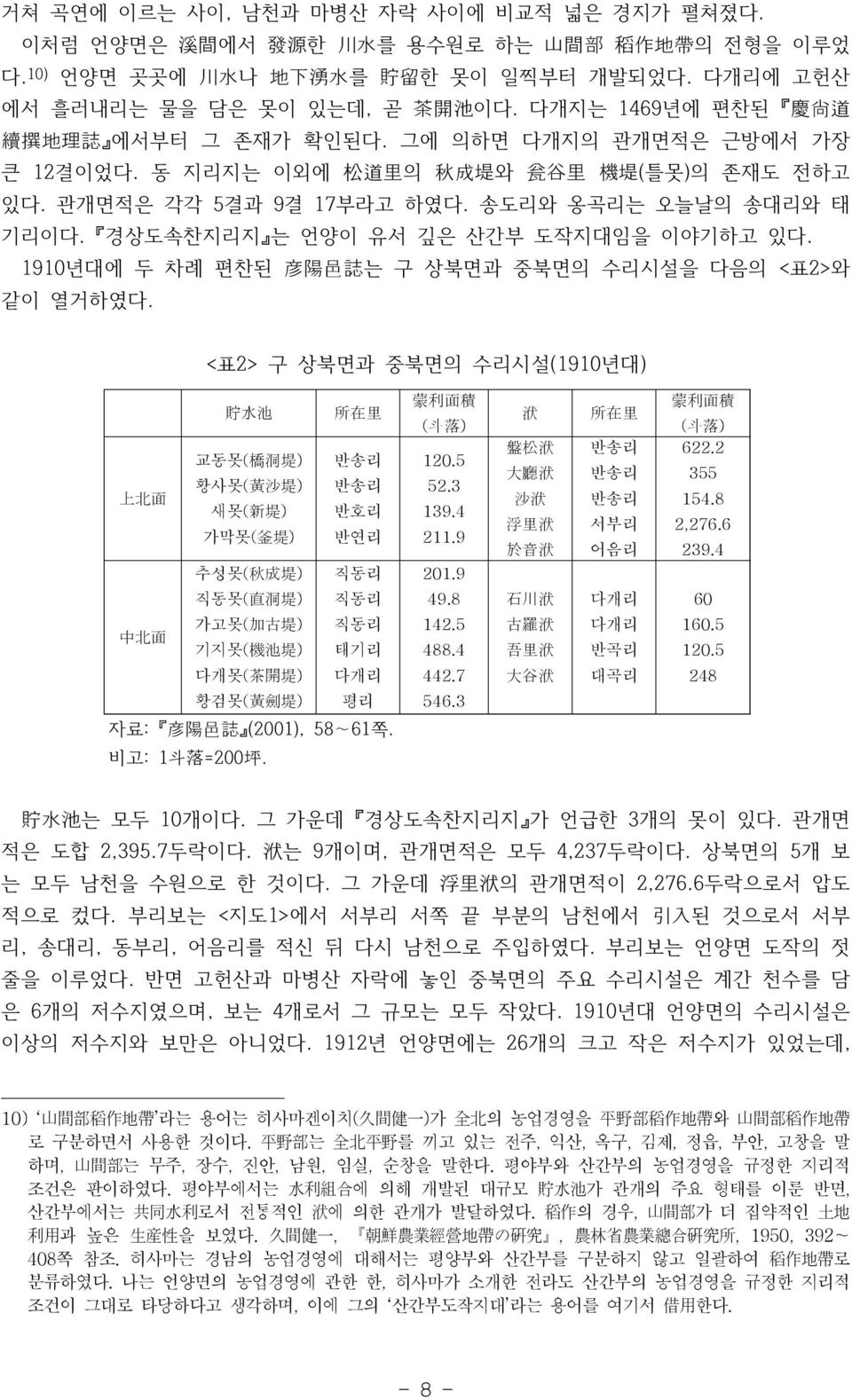 관개면적은 각각 5결과 9결 17부라고 하였다. 송도리와 옹곡리는 오늘날의 송대리와 태 기리이다. 경상도속찬지리지 는 언양이 유서 깊은 산간부 도작지대임을 이야기하고 있다. 1910년대에 두 차례 편찬된 彦 陽 邑 誌 는 구 상북면과 중북면의 수리시설을 다음의 <표2>와 같이 열거하였다.