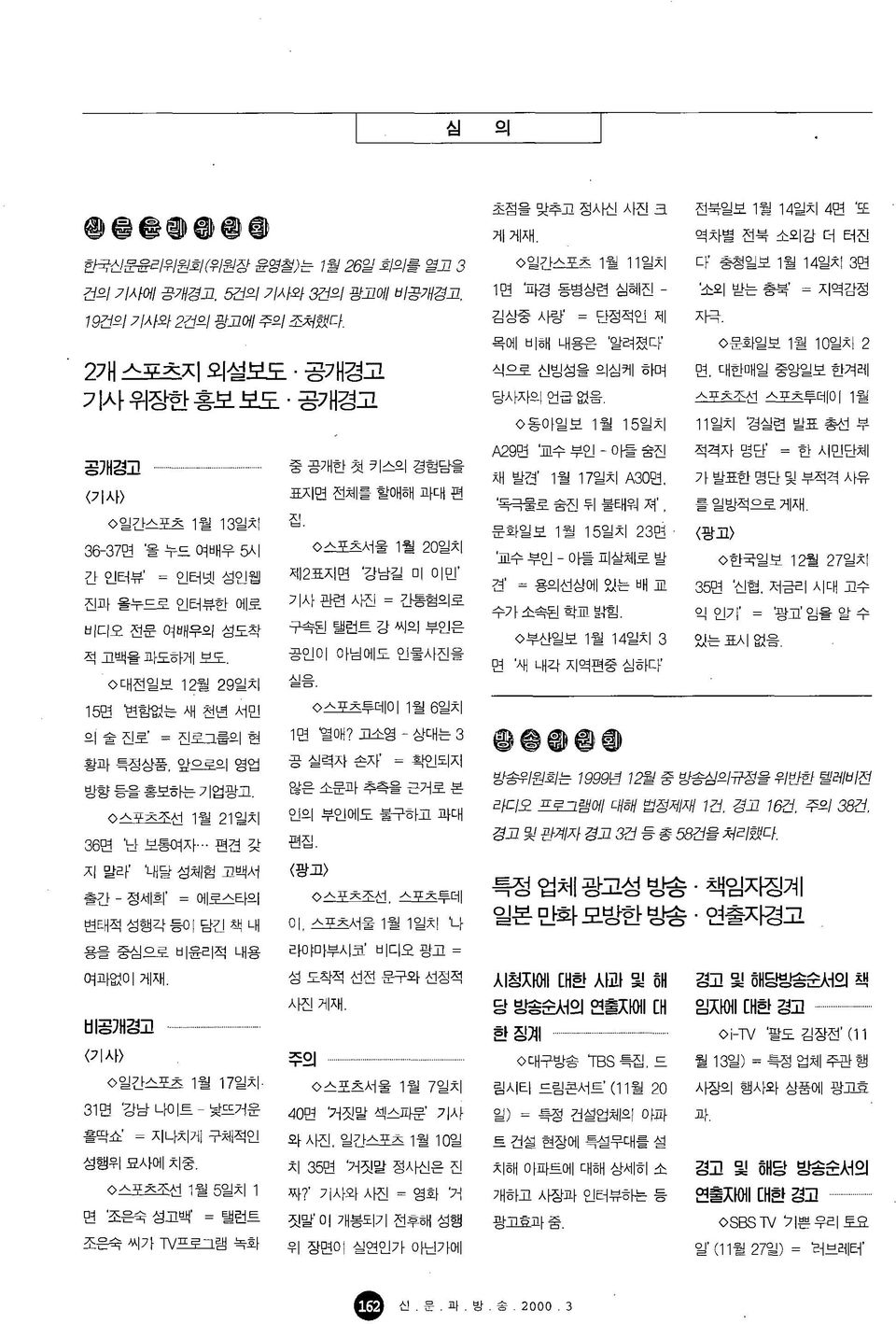 스포츠조선 1월 기일치 36면 난 보통여자 편견 갖 지 말라 '내달 성체험 고백서 출간 - 정세희 = 에로스타의 변태적 성행각 등이 담긴 책 내 용을 중심으로 비윤리적 내용 여과없이 게재. 비공개경고 기사 일간스포츠 1월 17일치- 31면 '강남나이트 - 낯뜨거운 홀딱쇼 二 지나치게 구체적인 성행위 묘사에 치중.