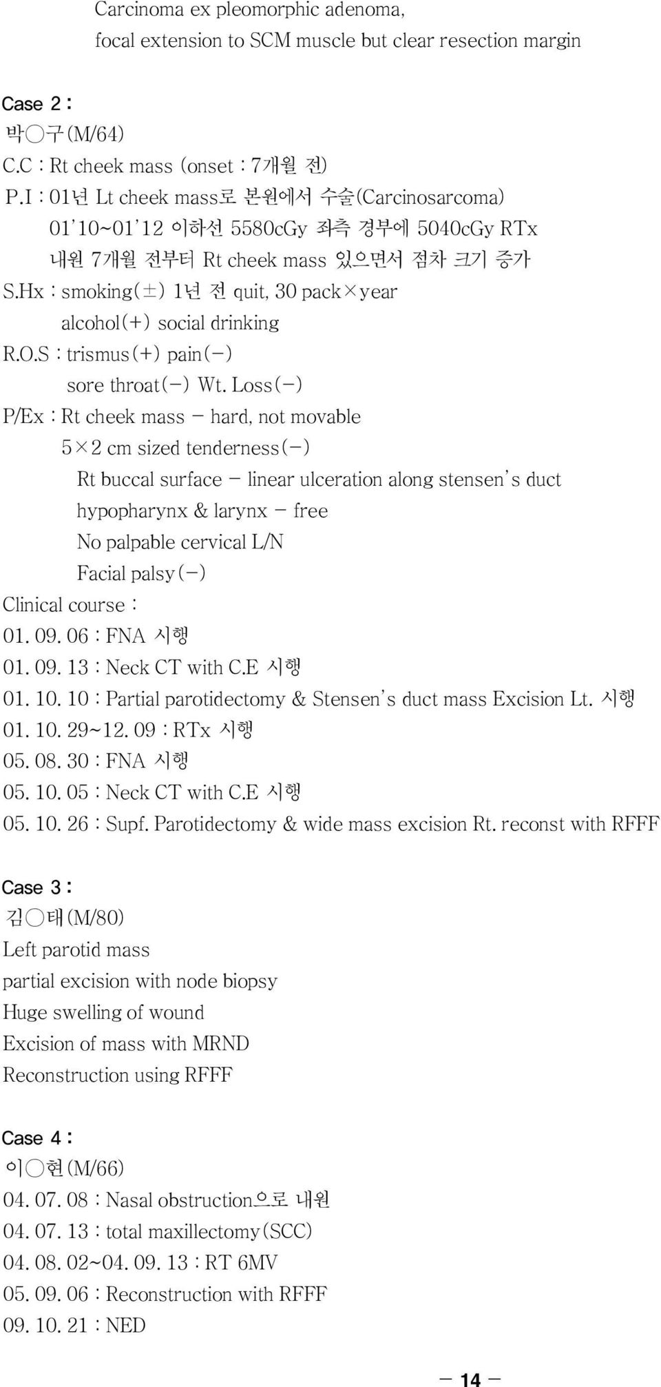 Hx:alcohol(+) social drinking R.O.S:trismus(+) pain(-) R.O.S:sore throat(-) Wt.