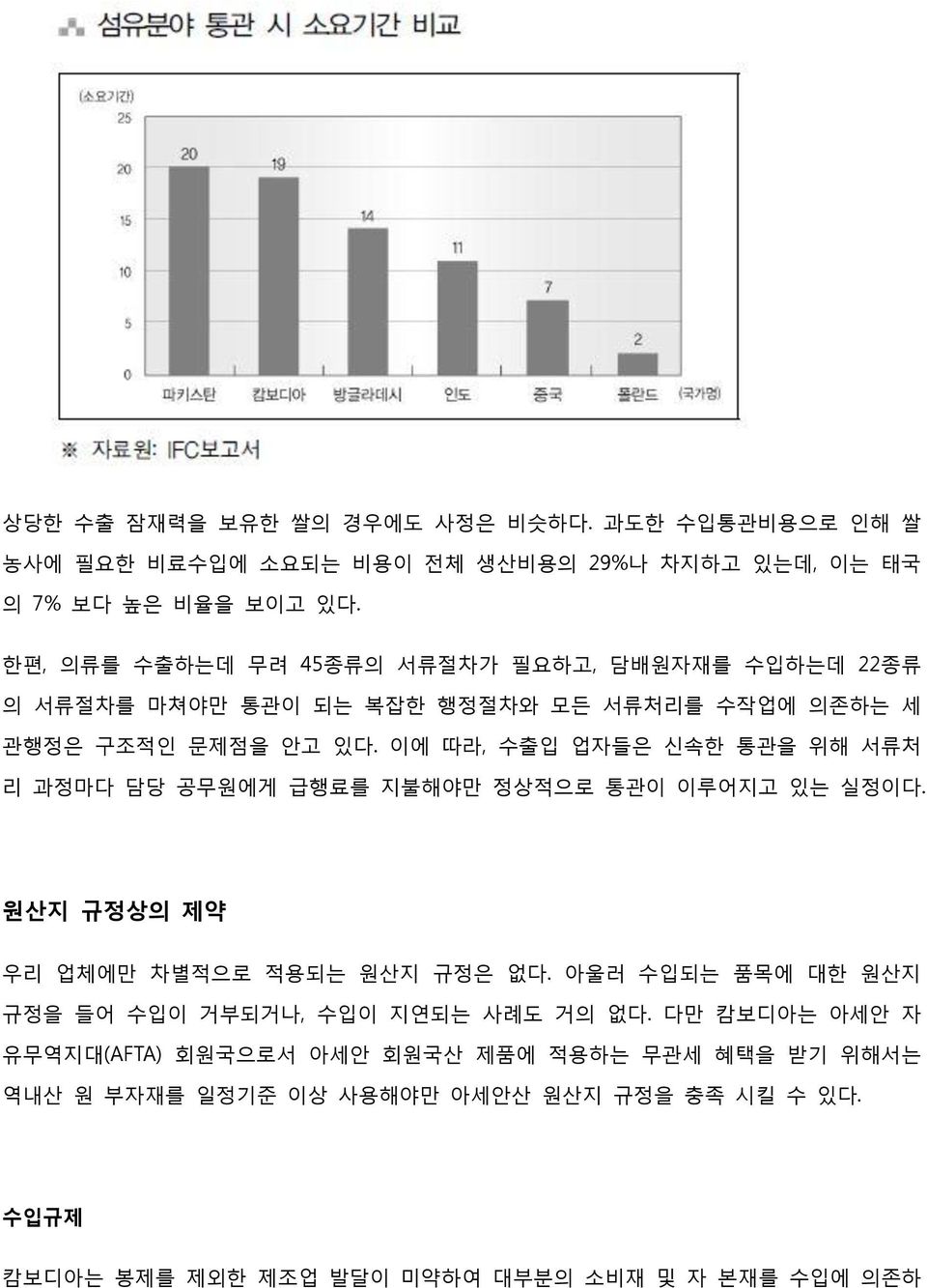 이에 따라, 수출입 업자들은 신속한 통관을 위해 서류처 리 과정마다 담당 공무원에게 급행료를 지불해야만 정상적으로 통관이 이루어지고 있는 실정이다. 원산지 규정상의 제약 우리 업체에만 차별적으로 적용되는 원산지 규정은 없다.