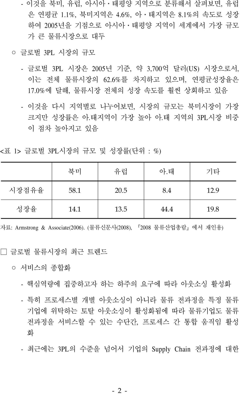 0%에 달해, 물류시장 전체의 성장 속도를 훨씬 상회하고 있음 - 이것을 다시 지역별로 나누어보면, 시장의 규모는 북미시장이 가장 크지만 성장률은 아.태지역이 가장 높아 아.태 지역의 3PL시장 비중 이 점차 높아지고 있음 <표 1> 글로벌 3PL시장의 규모 및 성장률(단위 : %) 북미 유럽 아.태 기타 시장점유율 58.1 20.