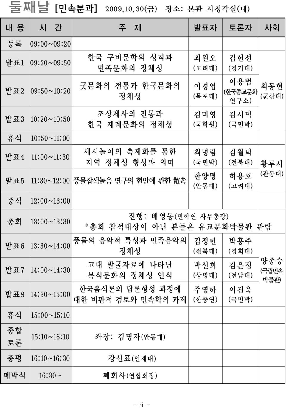 제례문화의 정체성 세시놀이의 축제화를 통한 지역 정체성 형성과 의미 11:30~12:00 풍물잡색놀음 연구의 현안에 관한 散 考 중식 12:00~13:00 최원오 (고려대) 이경엽 (목포대) 김미영 (국학원) 최명림 (국민박) 한양명 (안동대) 김헌선 (경기대) 이용범 최동현 (한국종교문화 (군산대) 연구소) 김시덕 (국민박) 김월덕 (전북대) 허용호