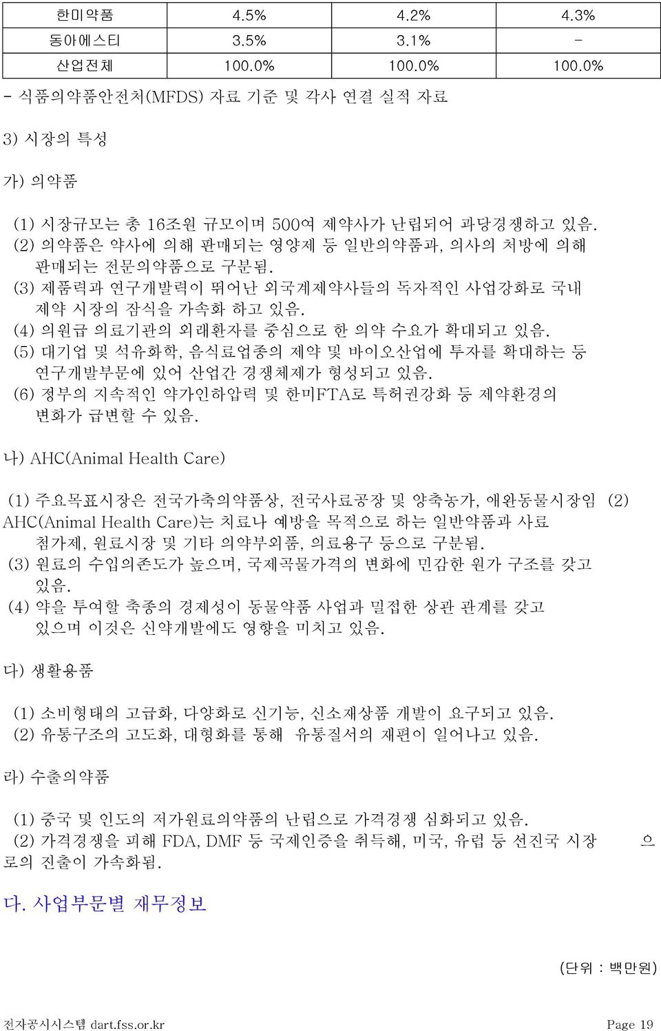 (6) 정부의 지속적인 약가인하압력 및 한미FTA로 특허권강화 등 제약환경의 변화가 급변할 수 있음.