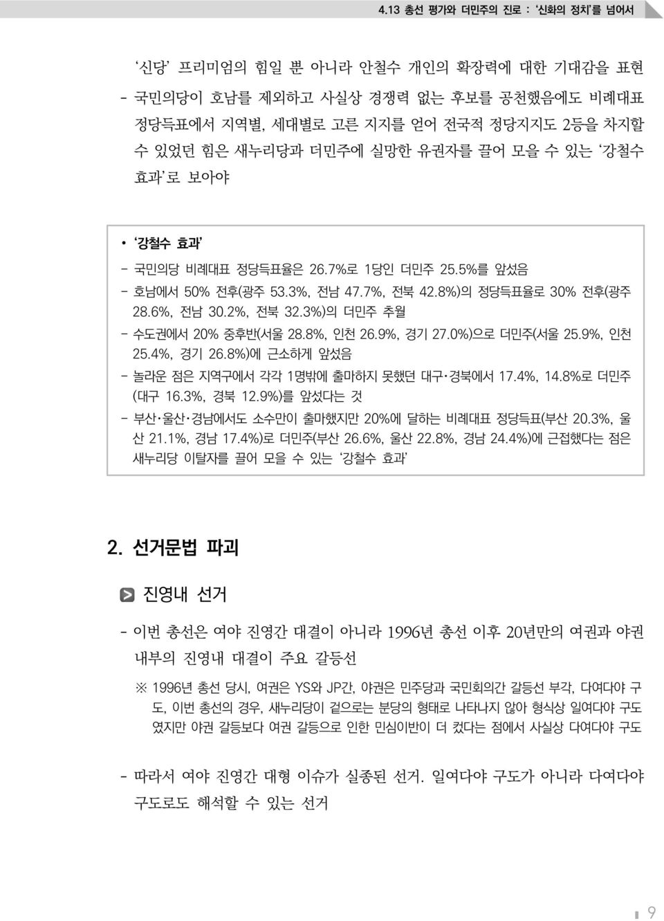 8%, 인천 26.9%, 경기 27.0%)으로 더민주(서울 25.9%, 인천 25.4%, 경기 26.8%)에 근소하게 앞섰음 - 놀라운 점은 지역구에서 각각 1명밖에 출마하지 못했던 대구 경북에서 17.4%, 14.8%로 더민주 (대구 16.3%, 경북 12.