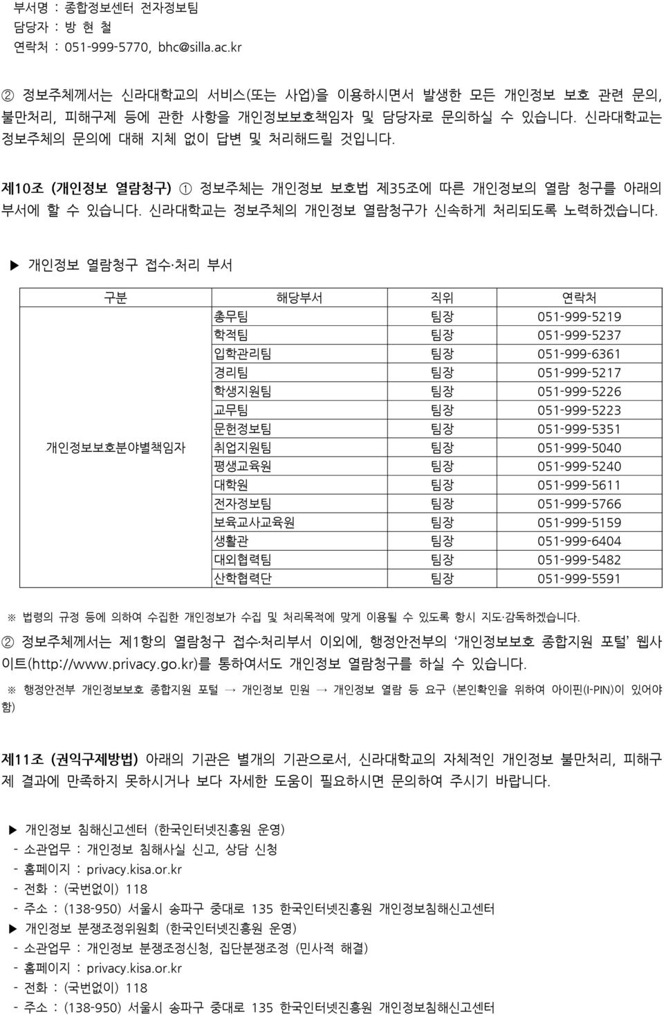 개인정보 열람청구 접수 처리 부서 구분 해당부서 직위 연락처 총무팀 팀장 051-999-5219 학적팀 팀장 051-999-5237 입학관리팀 팀장 051-999-6361 경리팀 팀장 051-999-5217 학생지원팀 팀장 051-999-5226 교무팀 팀장 051-999-5223 문헌정보팀 팀장 051-999-5351 개인정보보호분야별책임자 취업지원팀