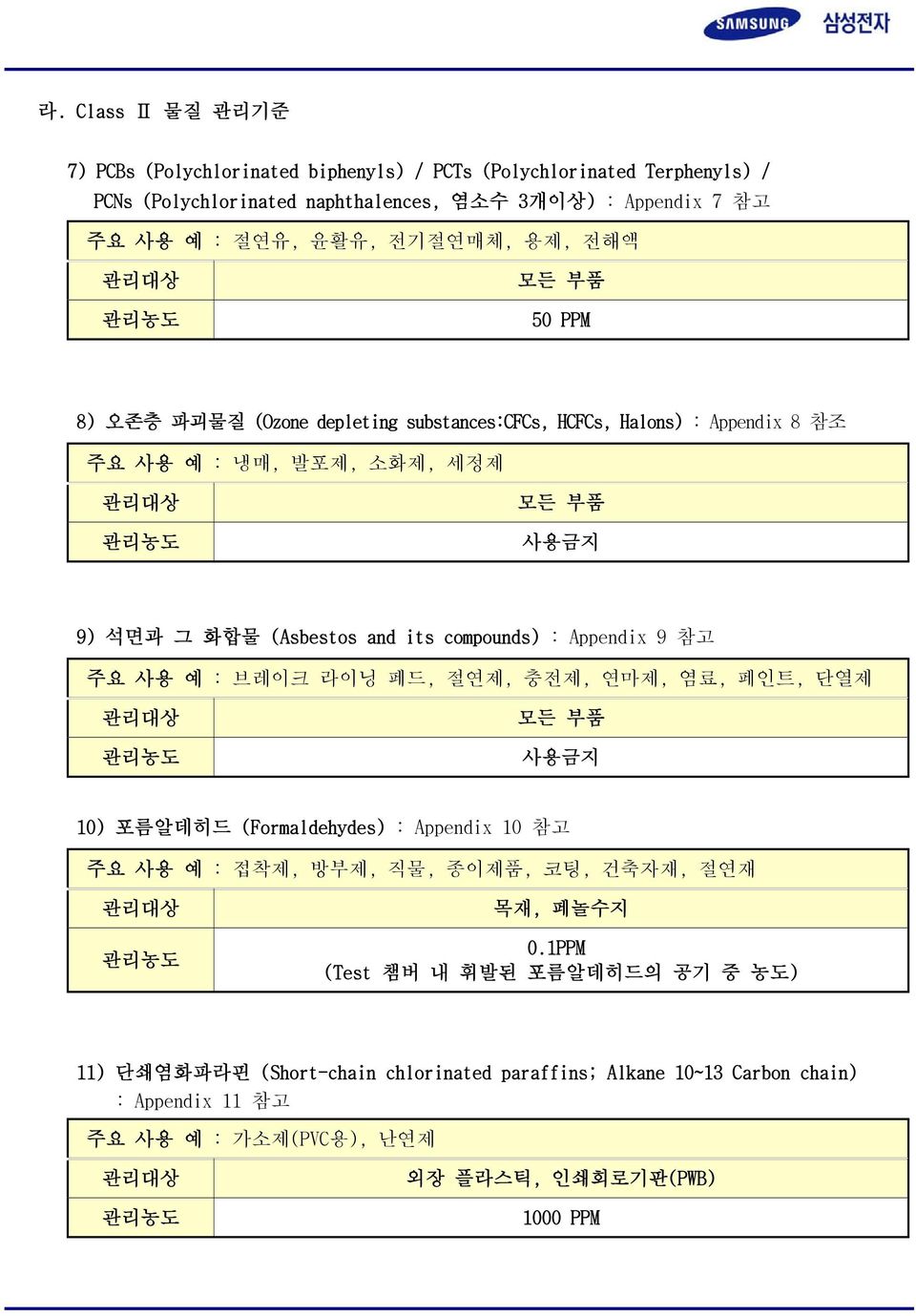 compounds) : Appendix 9 참고 주요 사용 예 : 브레이크 라이닝 페드, 절연제, 충전제, 연마제, 염료, 페인트, 단열제 모든 부품 사용금지 10) 포름알데히드 (Formaldehydes) : Appendix 10 참고 주요 사용 예 : 접착제, 방부제, 직물, 종이제품, 코팅, 건축자재, 절연재 목재,