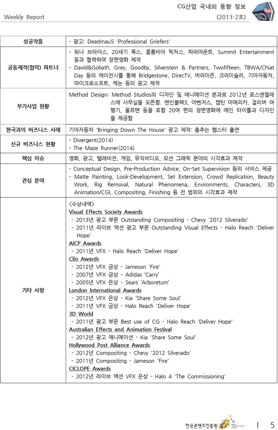 맨인블랙3, 어벤저스, 캡틴 아메리카, 걸리버 여 행기, 울프맨 등을 포함 20여 편의 장편영화에 메인 타이틀과 디자인 을 제공함 한국과의 비즈니스 사례 기아자동차 'Bringing Down The House' 광고 제작: 춤추는 햄스터 출연 신규 비즈니스 현황 - Divergent(2014) - The Maze Runner(2014) 핵심 이슈 영화,