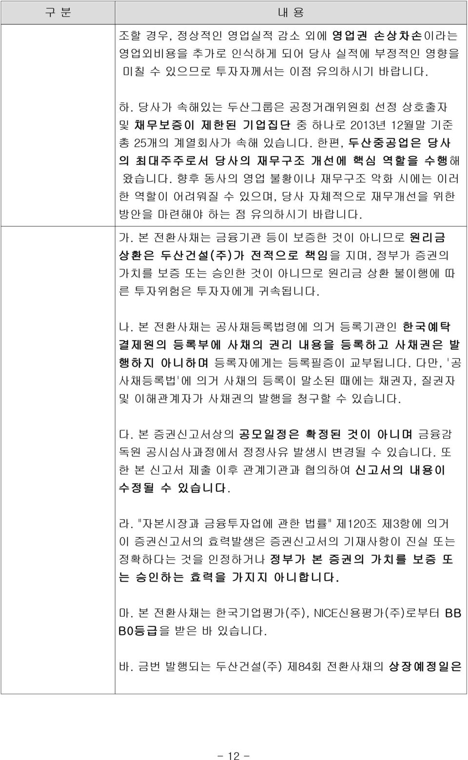 향후 동사의 영업 불황이나 재무구조 악화 시에는 이러 한 역할이 어려워질 수 있으며, 당사 자체적으로 재무개선을 위한 방안을 마련해야 하는 점 유의하시기 바랍니다. 가.