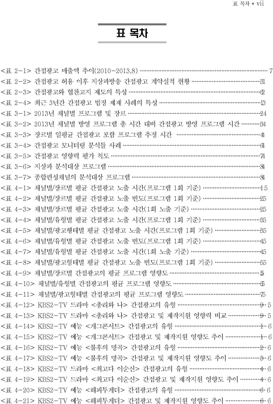 3-3> 장르별 일평균 간접광고 포함 프로그램 추정 시간 4 <표 3-4> 간접광고 모니터링 분석틀 사례 46 <표 3-5> 간접광고 영향력 평가 척도 47 <표 3-6> 지상파 분석대상 프로그램 48 <표 3-7> 종합편성채널의 분석대상 프로그램 48 <표 4-1> 채널별/장르별 평균 간접광고 노출 시간(프로그램 1회 기준) 15 <표 4-2>