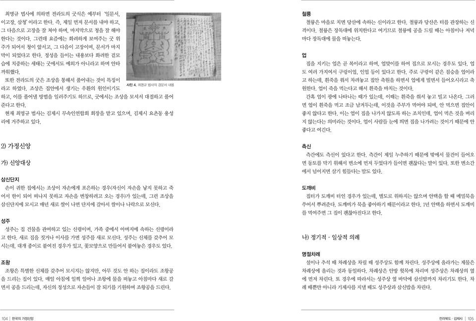 현재 최명규 법사는 김제시 무속인연합회 회장을 맡고 있으며, 김제시 요촌동 용성 리에 거주하고 있다. 철륭 철륭은 마을로 치면 당산에 속하는 신이라고 한다. 철륭과 당산은 터를 관장하는 신 격이다. 철륭은 장독대에 위치한다고 여기므로 철륭에 공을 드릴 때는 아침이나 저녁 마다 장독대에 물을 떠놓는다.