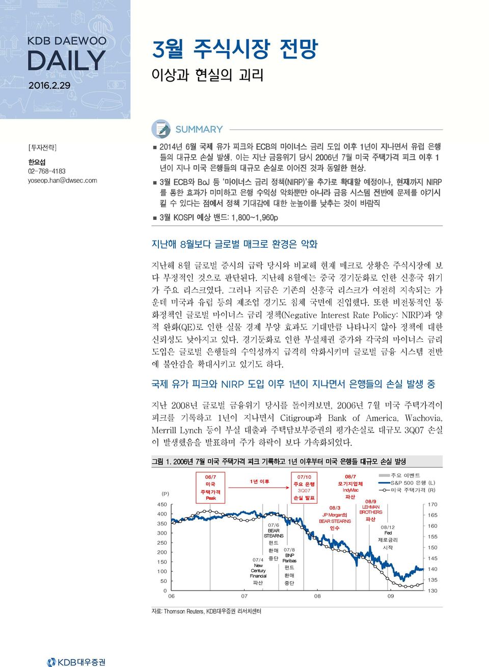 3월 ECB와 BoJ 등 마이너스 금리 정책(NIRP) (NIRP) 을 추가로 확대할 예정이나, 현재까지 NIRP 를 통한 효과가 미미하고 은행 수익성 악화뿐만 아니라 금융 시스템 전반에 문제를 야기시 킬 수 있다는 점에서 정책 기대감에 대한 눈높이를 낮추는 것이 바람직 3월 KOSPI 예상 밴드: : 1,8~1,96p 지난해 8월보다 글로벌 매크로