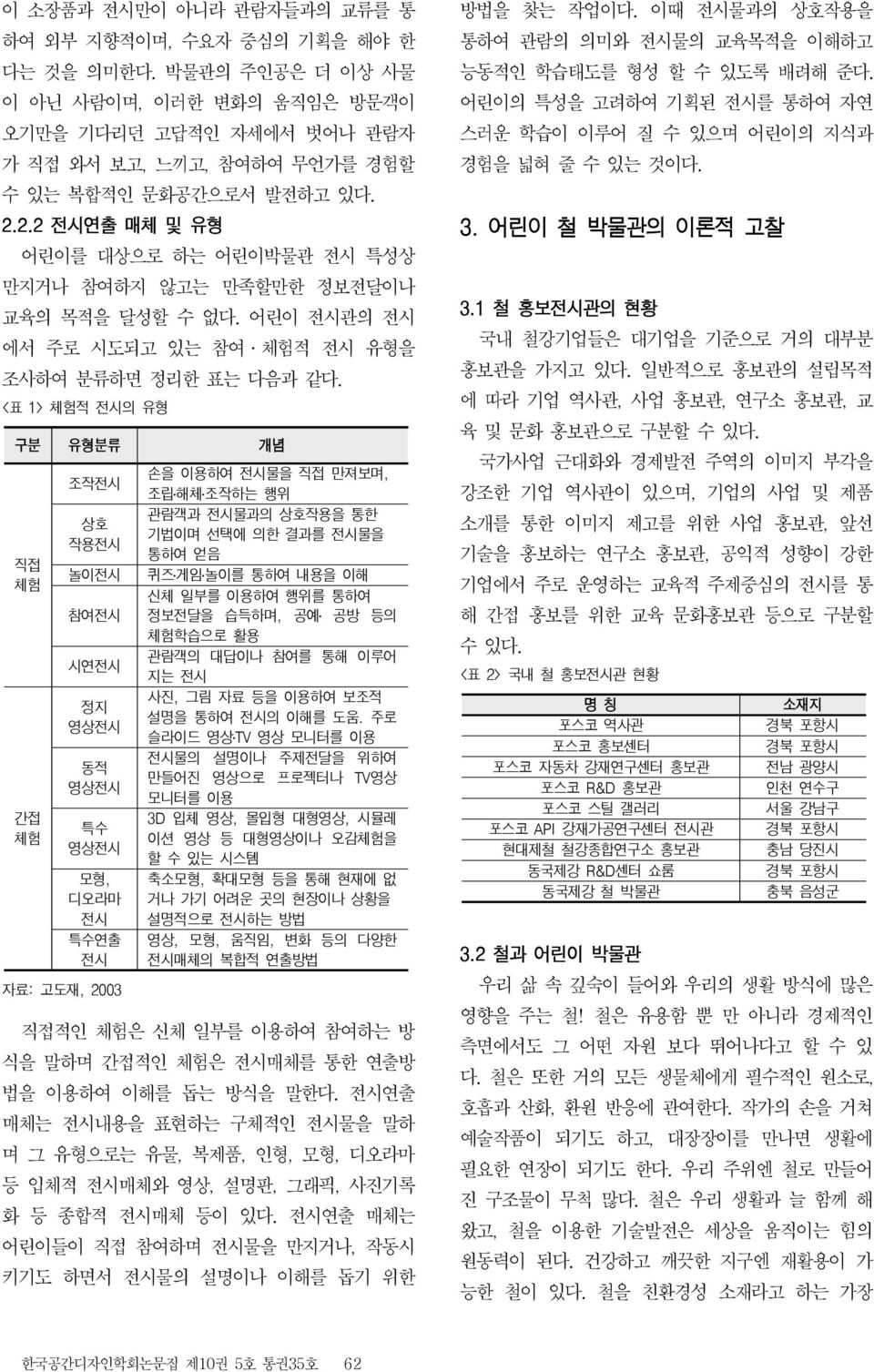 <표 1> 체험적 의 유형 구분 유형분류 개념 직접 체험 간접 체험 조작 상호 작용 참여 시연 정지 영상 동적 영상 특수 영상 모형, 라마 특수연출 자료: 고도재, 2003 손을 이용하여 을 직접 만져보며, 조립 해체 조작하는 행위 관람객과 과의 상호작용을 통한 기법이며 선택에 의한 결과를 을 통하여 얻음 퀴즈 게임 를 통하여 내용을 이해 신체 일부를