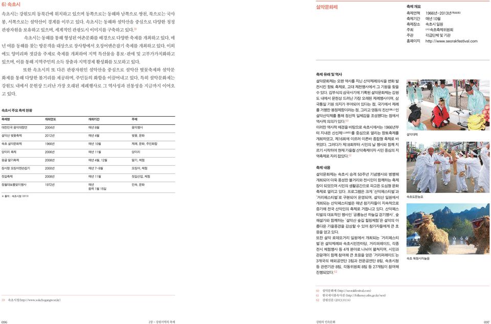 이외 에도 양미리와 젓갈을 주제로 축제를 개최하여 지역 특산물을 홍보 판매 및 고부가가치화하고 있으며, 이를 통해 지역주민의 소득 창출과 지역경제 활성화를 도모하고 있다. 또한 속초시의 또 다른 관광자원인 설악산을 중심으로 설악산 벚꽃축제와 설악문 화제를 통해 다양한 볼거리를 제공하며, 주민들의 화합을 이끌어내고 있다.