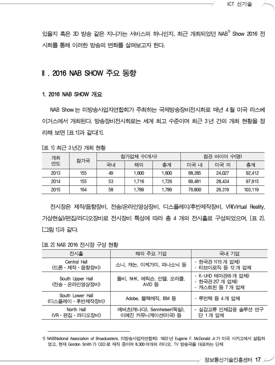 [표 1] 최근 3 년간 개최 현황 개최 참가업체 수(개사) 참관 바이어 수(명) 참가국 연도 국내 해외 총계 미국 내 미국 외 총계 2013 155 49 1,600 1,600 68,385 24,027 92,412 2014 155 53 1,716 1,726 69,481 28,434 97,915 2015 164 58 1,789 1,789 76,800